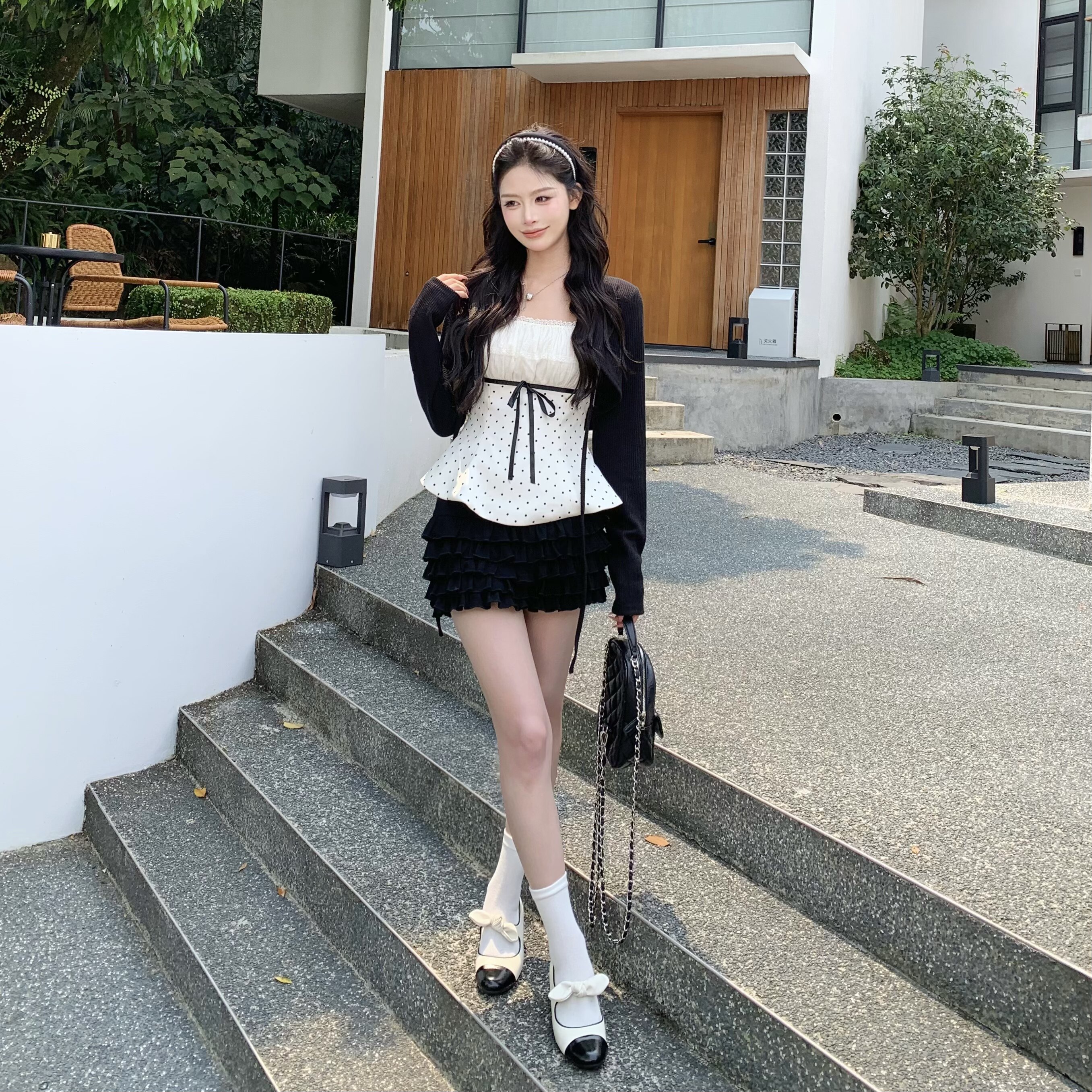 3MER哦哦三妹 韩系甜美套装收腰波点吊带背心女开衫蛋糕裙三件套