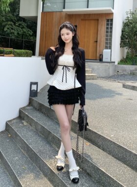 3MER韩女波点吊带开衫裙三件套