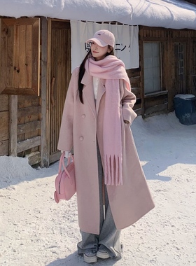 3MER哦哦三妹温柔风粉色羊毛双面呢大衣女秋冬季韩系气质毛呢外套