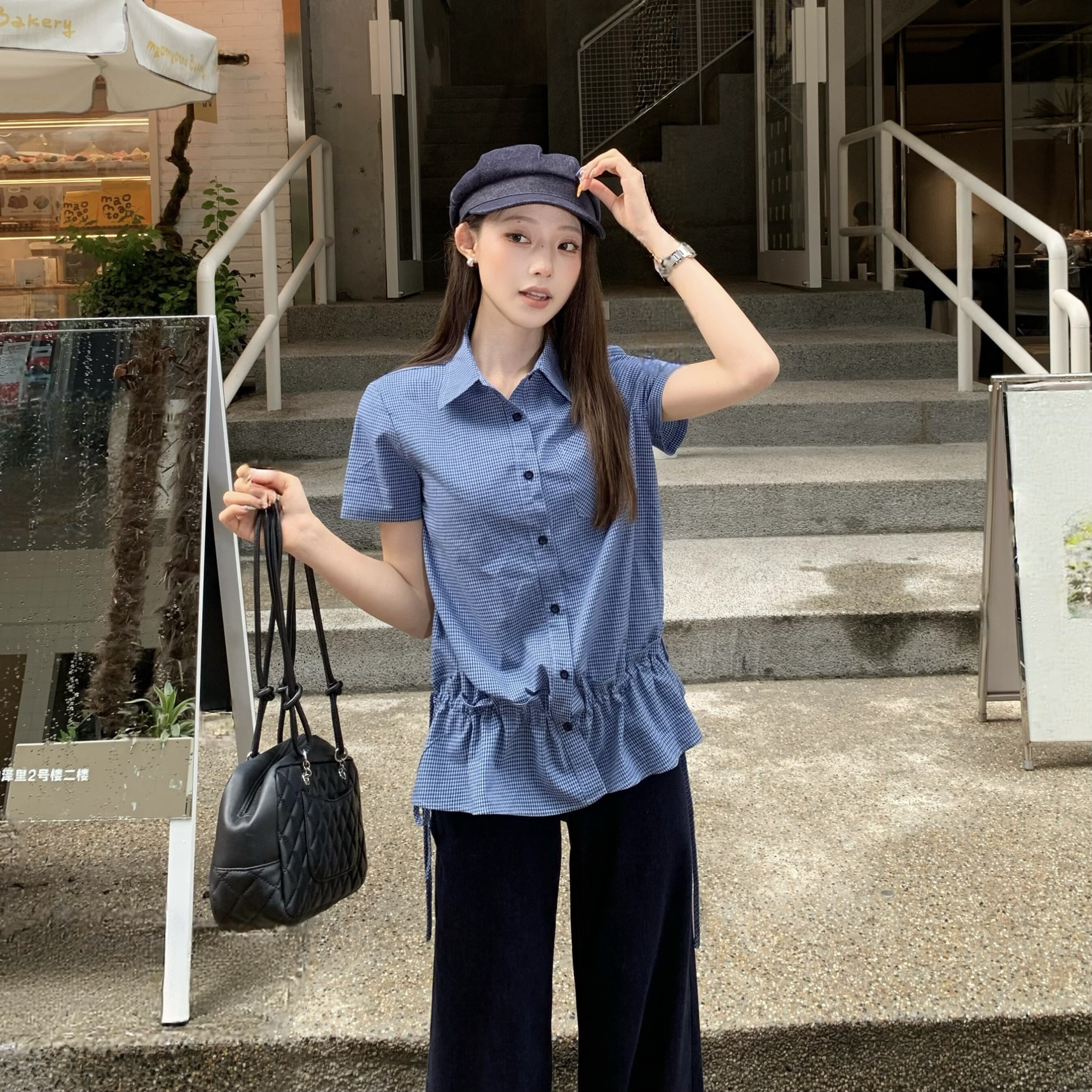 3MER抽绳收腰蓝格子短袖衬衫图片