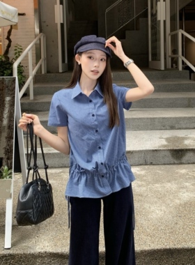 3MER哦哦三妹韩系蓝色格子抽绳收腰短袖衬衫女夏复古正肩花边上衣