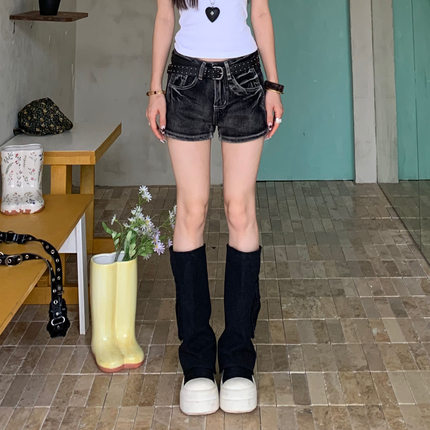 3MER哦哦三妹黑灰色牛仔超短裤女夏季美式甜酷辣妹包臀修身热裤子