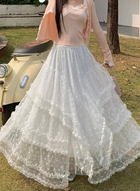 3MER哦哦三妹仙女白色不规则半身裙女中长款蕾丝蓬蓬蛋糕a字纱裙