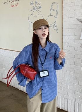 3MER哦哦三妹韩系慵懒风蓝色刺绣格子长袖衬衫女秋季宽松衬衣外套
