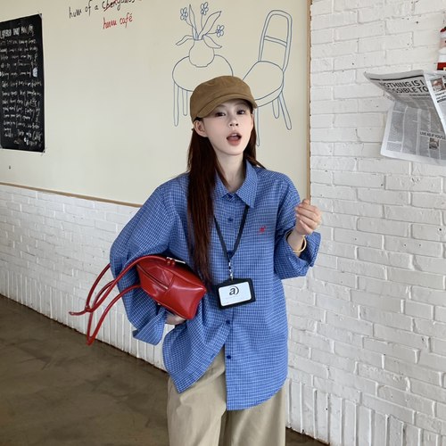3MER韩女标配蓝色格子衬衫