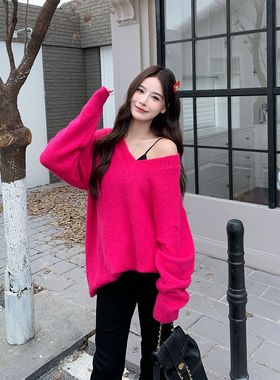3MER哦哦三妹 纯欲慵懒风显瘦V领毛衣女秋季设计感宽松针织上衣