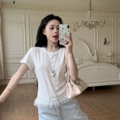 3MER哦哦三妹 韩系甜美蕾丝拼接花边圆领短袖 T恤女夏百搭正肩上衣