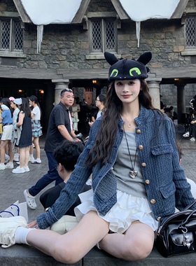 3MER哦哦三妹老钱调肌理感牛仔小香风外套女秋季新款蓝色立领夹克