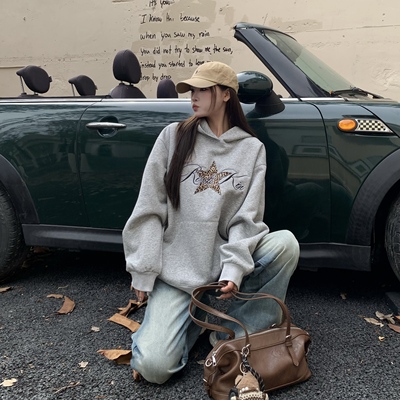 3MER美式豹纹星星贴布绣连帽卫衣