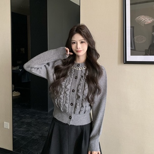 3MER哦哦三妹千金风麻花针织开衫女秋冬法式复古内搭外穿毛衣外套
