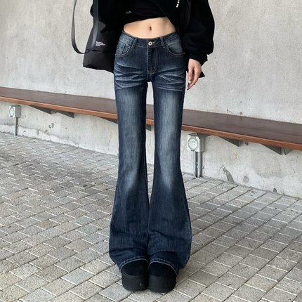 3MER哦哦三妹美式辣妹低腰微喇牛仔裤女秋冬紧身显瘦拖地马蹄裤子