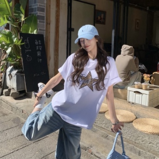 3MER哦哦三妹 豹纹星星白色短袖T恤女春夏韩系宽松设计感百搭上衣