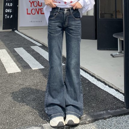 3MER哦哦三妹美式复古百搭显瘦竹节微喇牛仔裤女中腰修身显瘦裤子