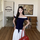 3MER哦哦三妹 纯欲两穿撞色一字肩T恤女夏气质高级感修身 露肩上衣