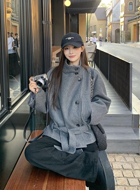 3MER哦哦三妹 韩系立领短款毛呢外套女冬季新款气质收腰呢子大衣