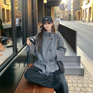 3MER哦哦三妹 韩系立领短款毛呢外套女冬季新款气质收腰呢子大衣