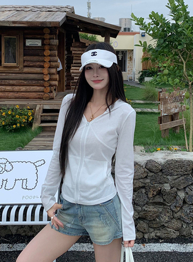 3MER哦哦三妹白色薄款防晒衣女夏季连帽外套气质收腰显瘦长袖上衣