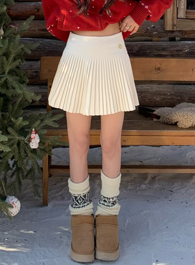 3MER哦哦三妹 白色毛呢百褶半身裙女秋冬新款高腰显瘦a字裙短裙子