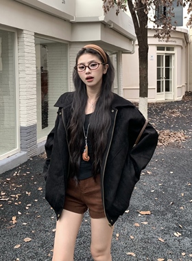 3MER哦哦三妹美拉德复古麂皮翻领夹克外套女秋冬新款韩系宽松皮衣