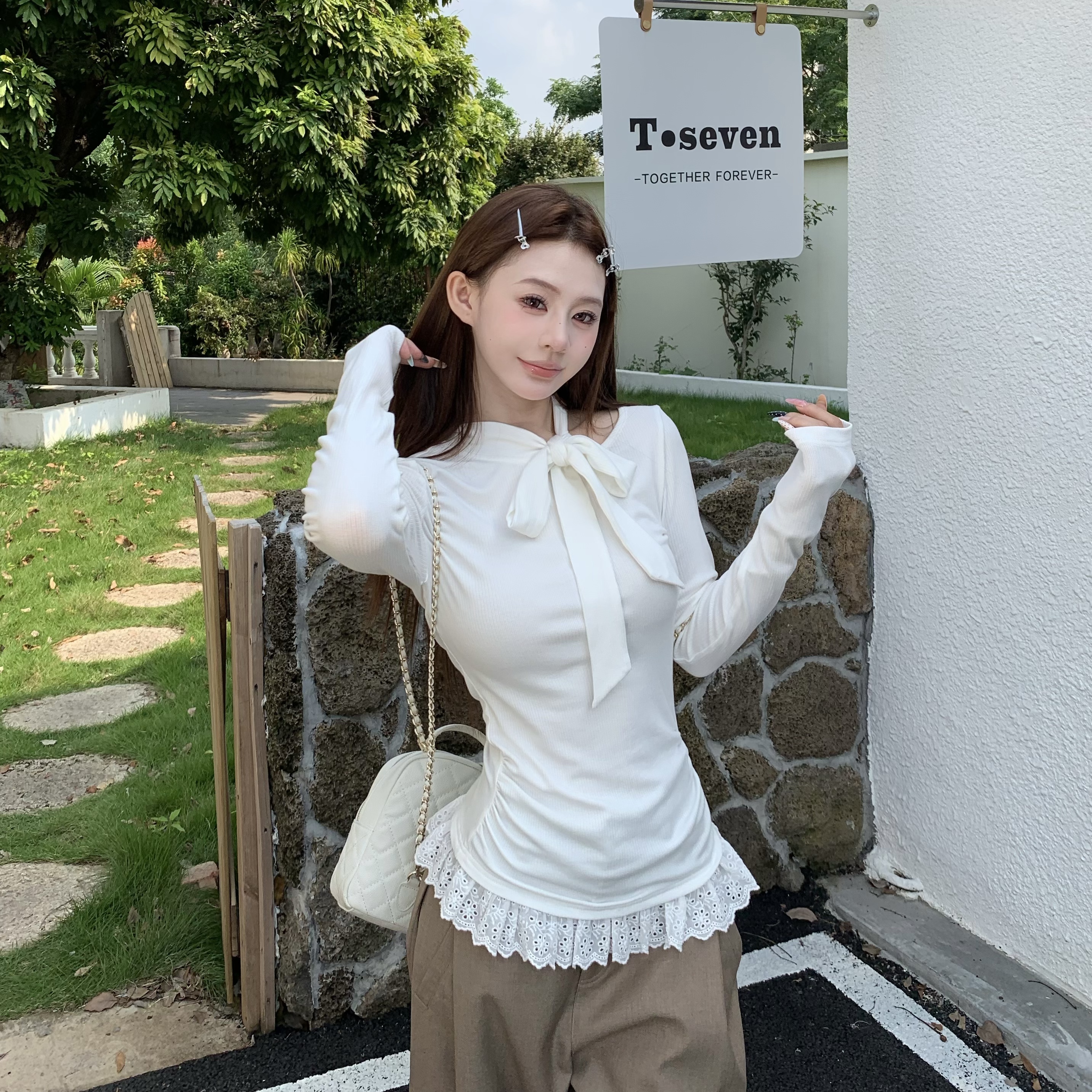 3MER白色蕾丝花边百搭长袖打底