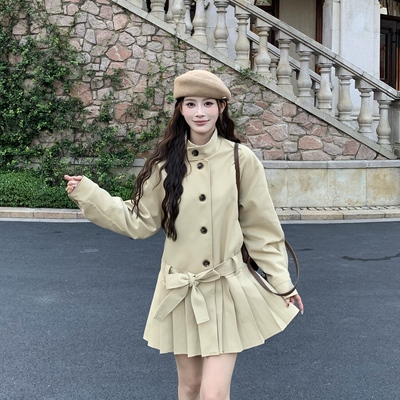 3MER韩女入秋蝴蝶结绑带风衣裙