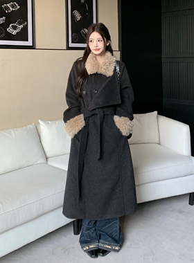 3MER哦哦三妹 韩系英伦风羽绒收腰毛毛领呢子大衣女冬季毛呢外套