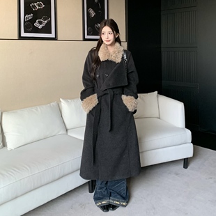 3MER哦哦三妹 韩系英伦风羽绒收腰毛毛领呢子大衣女冬季毛呢外套