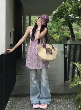 3MER紫色V领挂脖吊带裙