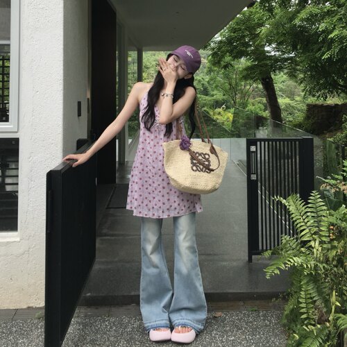 3MER紫色V领挂脖吊带裙