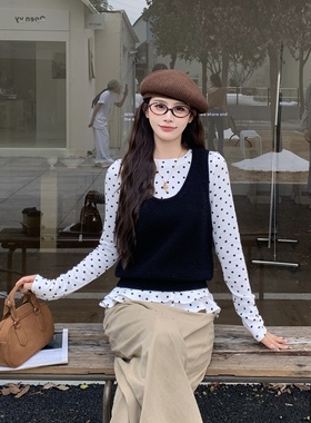 3MER哦哦三妹纯欲波点上衣两件套长袖打底衫女秋针织马甲背心套装