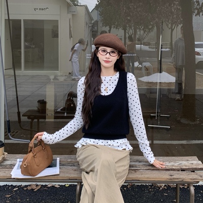 3MER波点小花边长袖打底衫