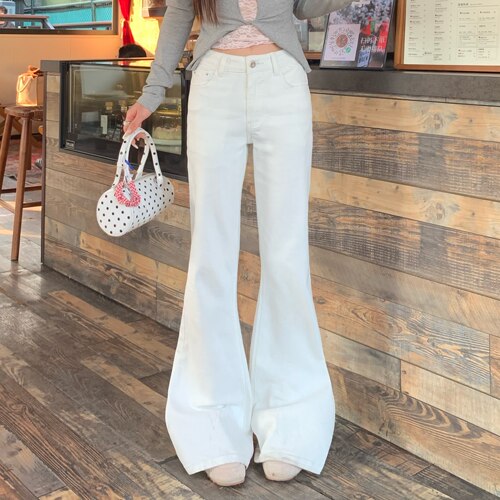 3MER四季百搭显瘦白色微喇牛仔裤