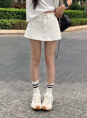 3MER哦哦三妹韩系白色A字牛仔裤裙女夏季高腰显瘦口袋百搭短裤子