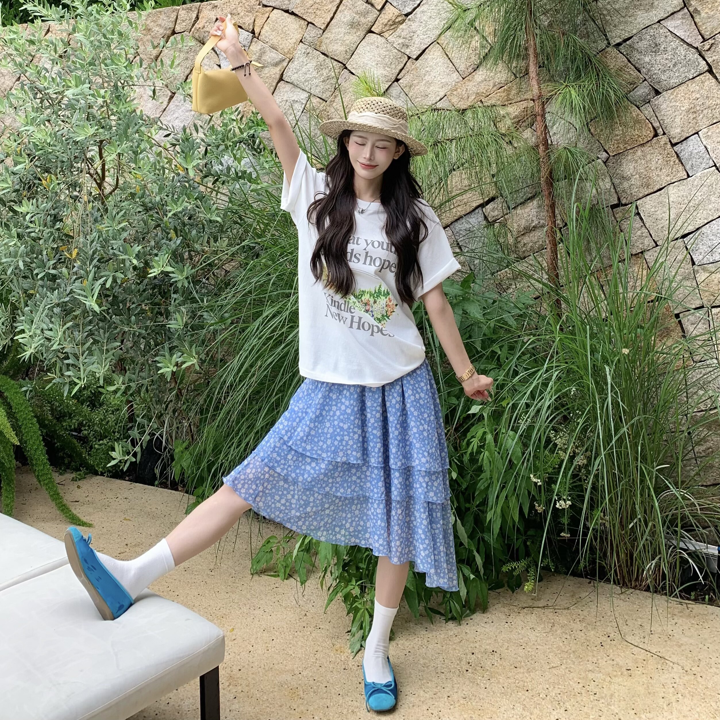 3MER哦哦三妹 花卉白色字母短袖T恤女夏韩系慵懒宽松圆领休闲上衣