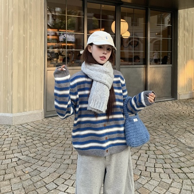 3MER韩女条纹撞色毛衣开衫外套