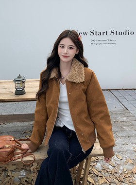 3MER哦哦三妹老钱风毛领夹棉皮衣女2025秋冬美拉德高级感长袖外套