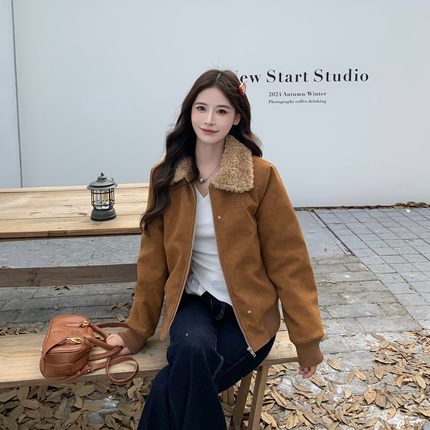 3MER哦哦三妹老钱风毛领夹棉皮衣女2025秋冬美拉德高级感长袖外套