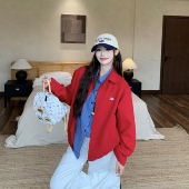 3MER哦哦三妹美式 红色翻领夹克外套女秋冬新款 韩系宽松休闲棒球服