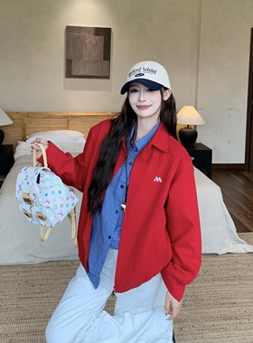 3MER哦哦三妹美式红色翻领夹克外套女秋冬新款韩系宽松休闲棒球服