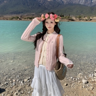 3MER哦哦三妹韩系甜美粉色假两件针织开衫女春季温柔毛衣外套上衣