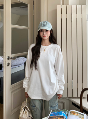 3MER哦哦三妹 重磅百搭圆领纯色长袖T女秋季内搭白色上衣打底衫