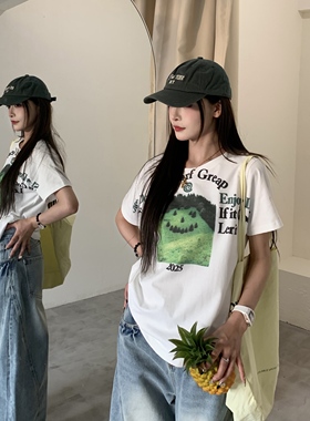 3MER哦哦三妹美式绿色森林印花短袖T恤女夏新款休闲宽松百搭上衣