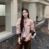 3MER哦哦三妹粉色皮衣女2025秋冬新款 韩系复古撞色设计感宽松外套