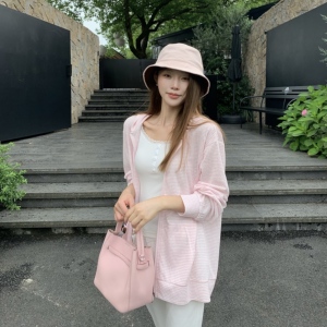 3MER哦哦三妹韩系慵懒风显瘦条纹面膜外套女轻薄防晒连帽开衫上衣