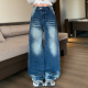女秋冬宽松垂感拖地阔腿裤 3MER哦哦三妹美式 复古蓝色直筒牛仔裤 子