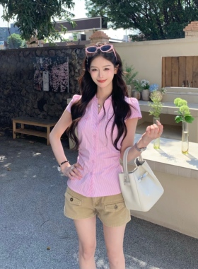 3MER哦哦三妹韩系粉色条纹短袖衬衫女夏法式收腰衬衣正肩百搭上衣