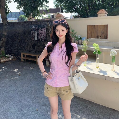 3MER韩女条纹收腰衬衫