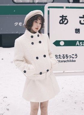 3MER哦哦三妹 黑色毛呢外套女冬季复古双排扣中长款收腰呢子大衣