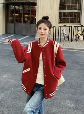 3MER哦哦三妹韩系红色棒球服外套女2025秋冬新款设计感飞行员夹克