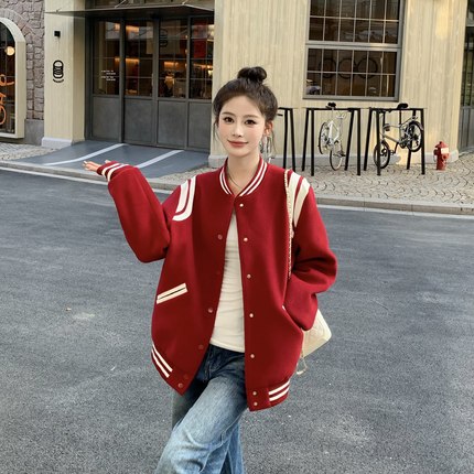 3MER哦哦三妹韩系红色棒球服外套女2025秋冬新款设计感飞行员夹克